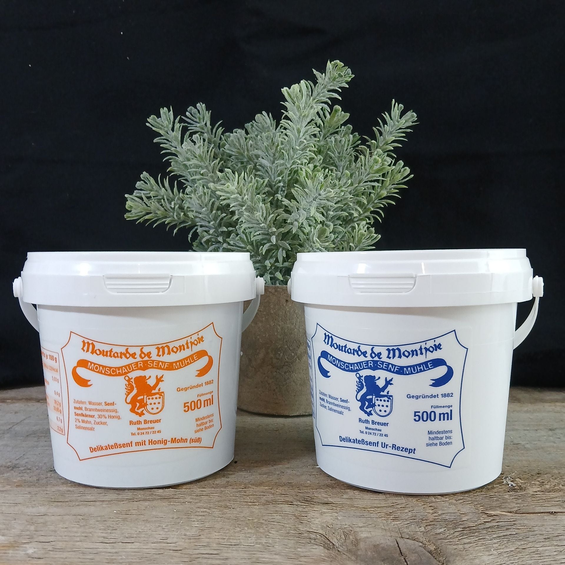 Nachfülleimer Ur-Senf und Honig-Mohn-Senf aus der Monschauer Senfmühle 500g