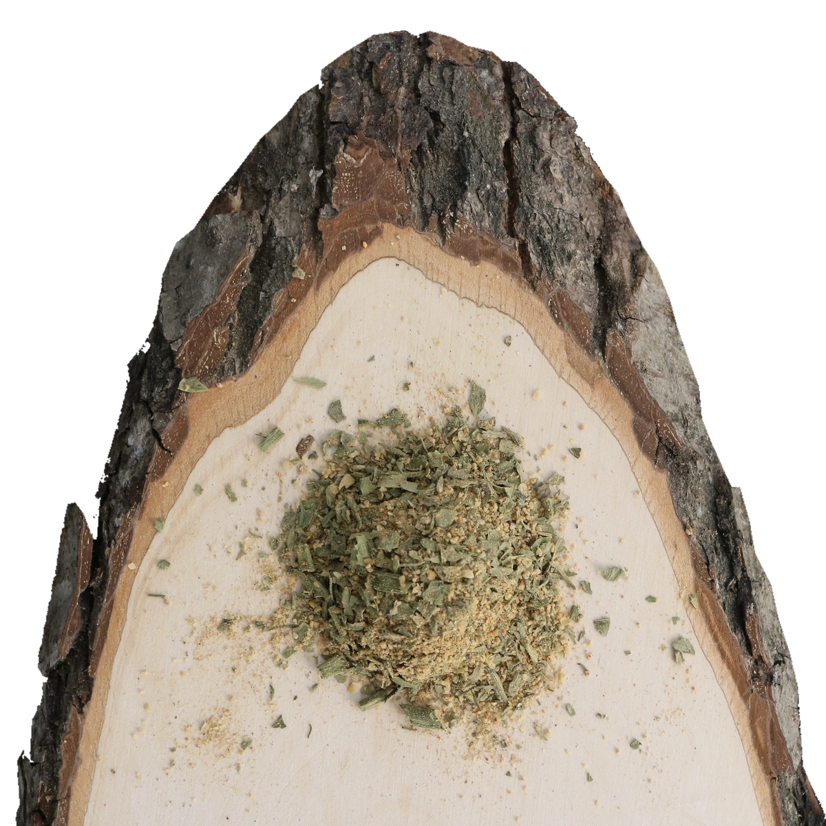 Pilzgewürz von Der Kräuterteufel, lose auf einer natürlichen Holzscheibe mit Rinde