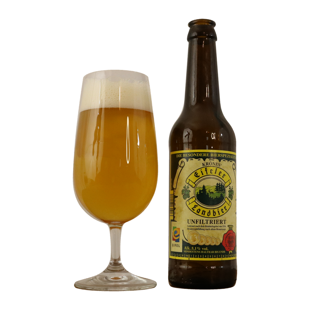 Eifeler Landbier der Gemünder Brauerei, 0,33-l-Flasche neben einem gefüllten Bierglas