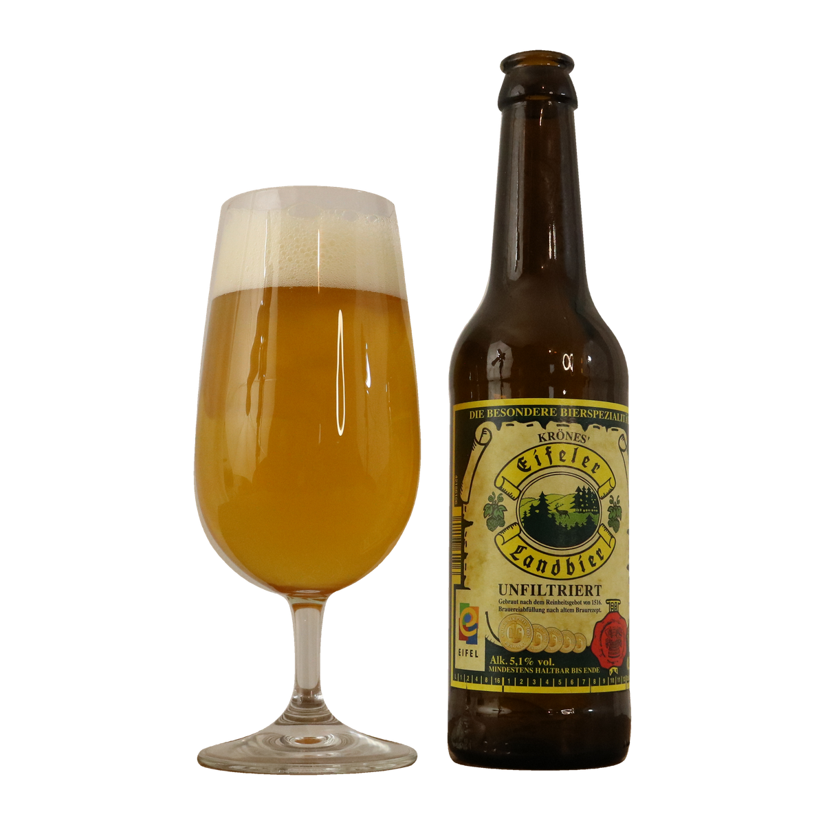 Eifeler Landbier der Gemünder Brauerei, 0,33-l-Flasche neben einem gefüllten Bierglas