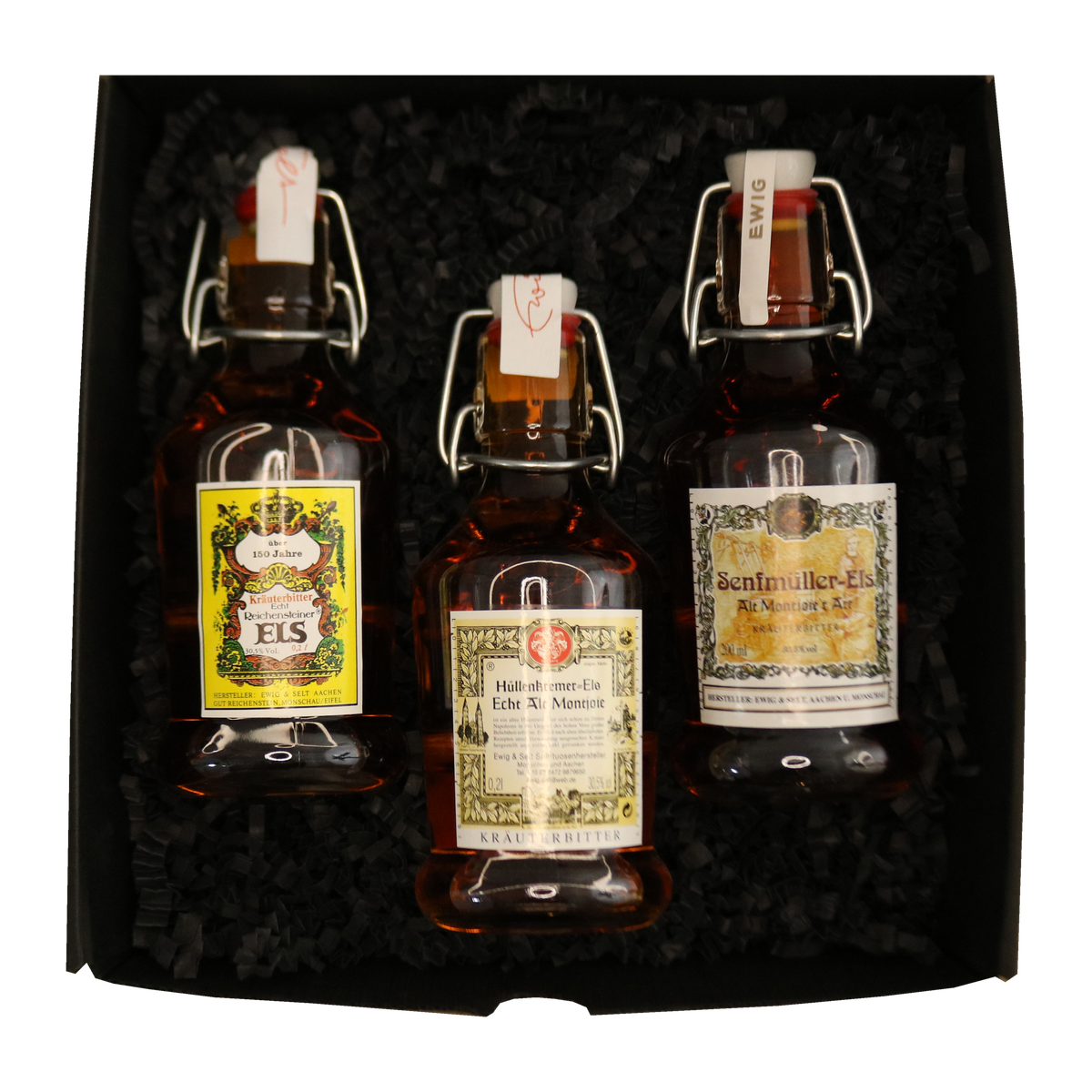 Offene Els-Starter-Geschenkbox mit Reichensteiner Els, Hüllenkremer Els und Senfmüller-Els, drei 0,2-l-Bügelflaschen