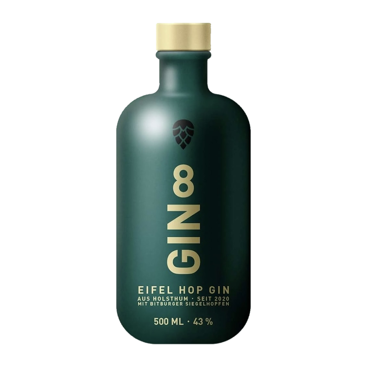 Gin 8 Eifel Hop Gin, grüne 0,5-l-Flasche mit goldenem Verschluss