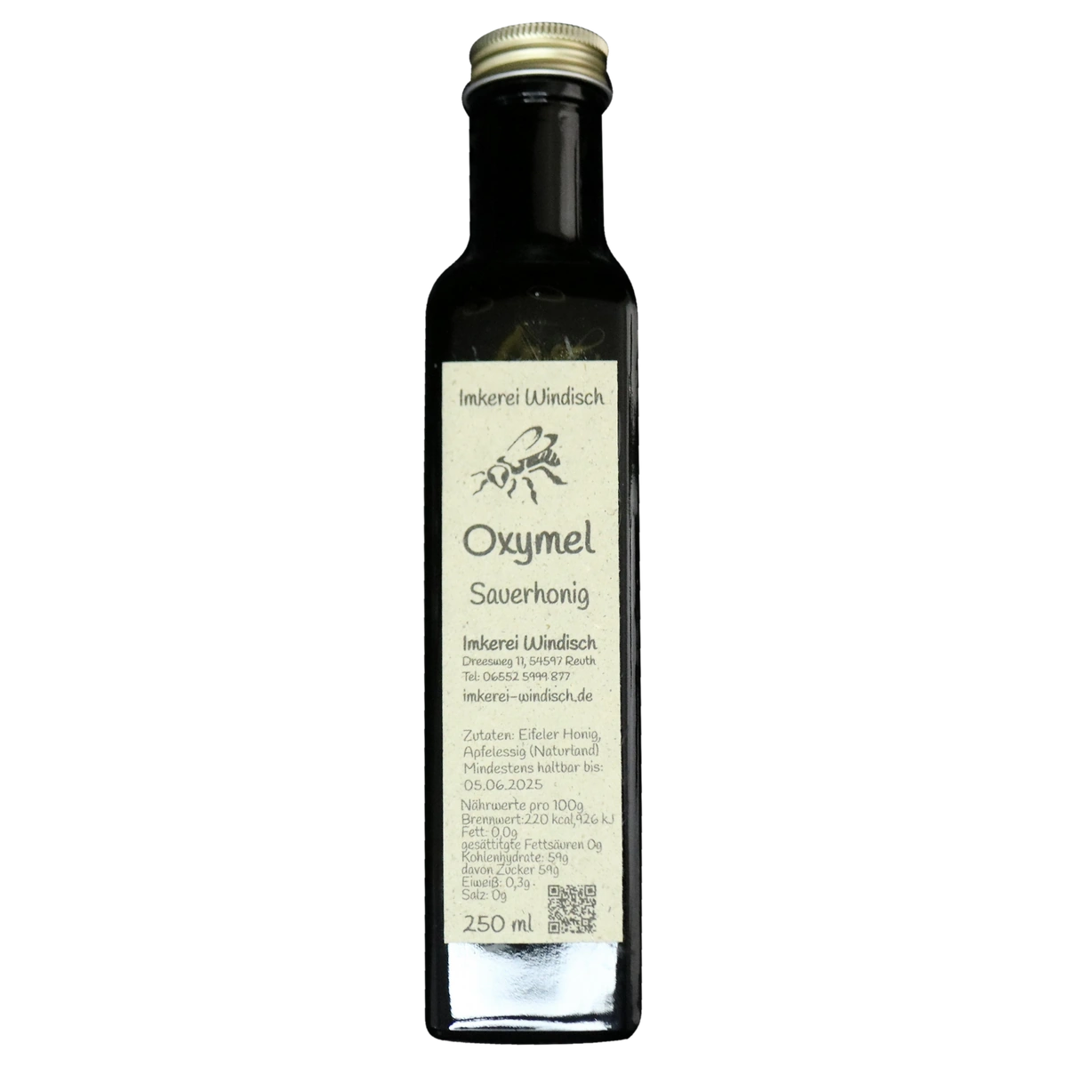 Oxymel Sauerhonig der Imkerei Windisch, 250-ml-Flasche mit goldenem Schraubverschluss