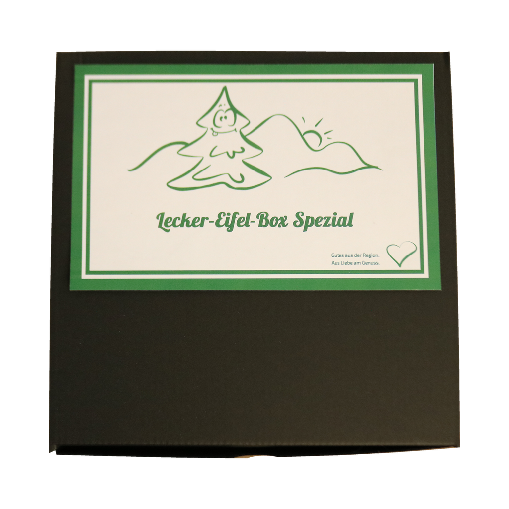 Lecker-Eifel Geschenkbox Spezial, geschlossene schwarze Geschenkverpackung