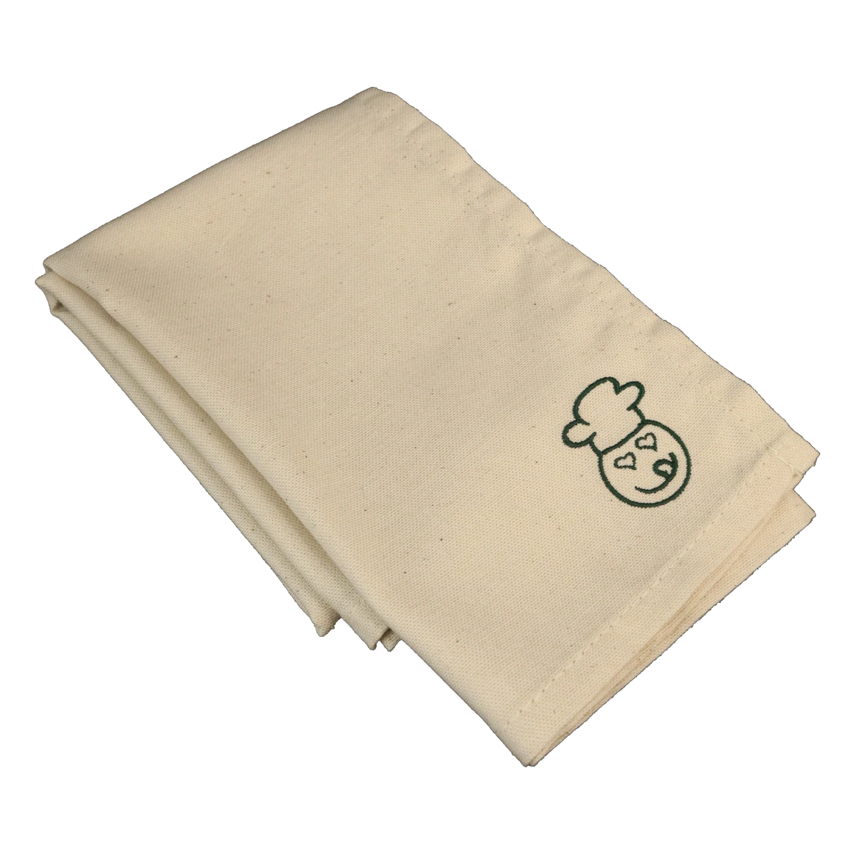 Gefaltetes naturweißes Geschirrtuch mit grün gesticktem Lecker-Eifel-Logo