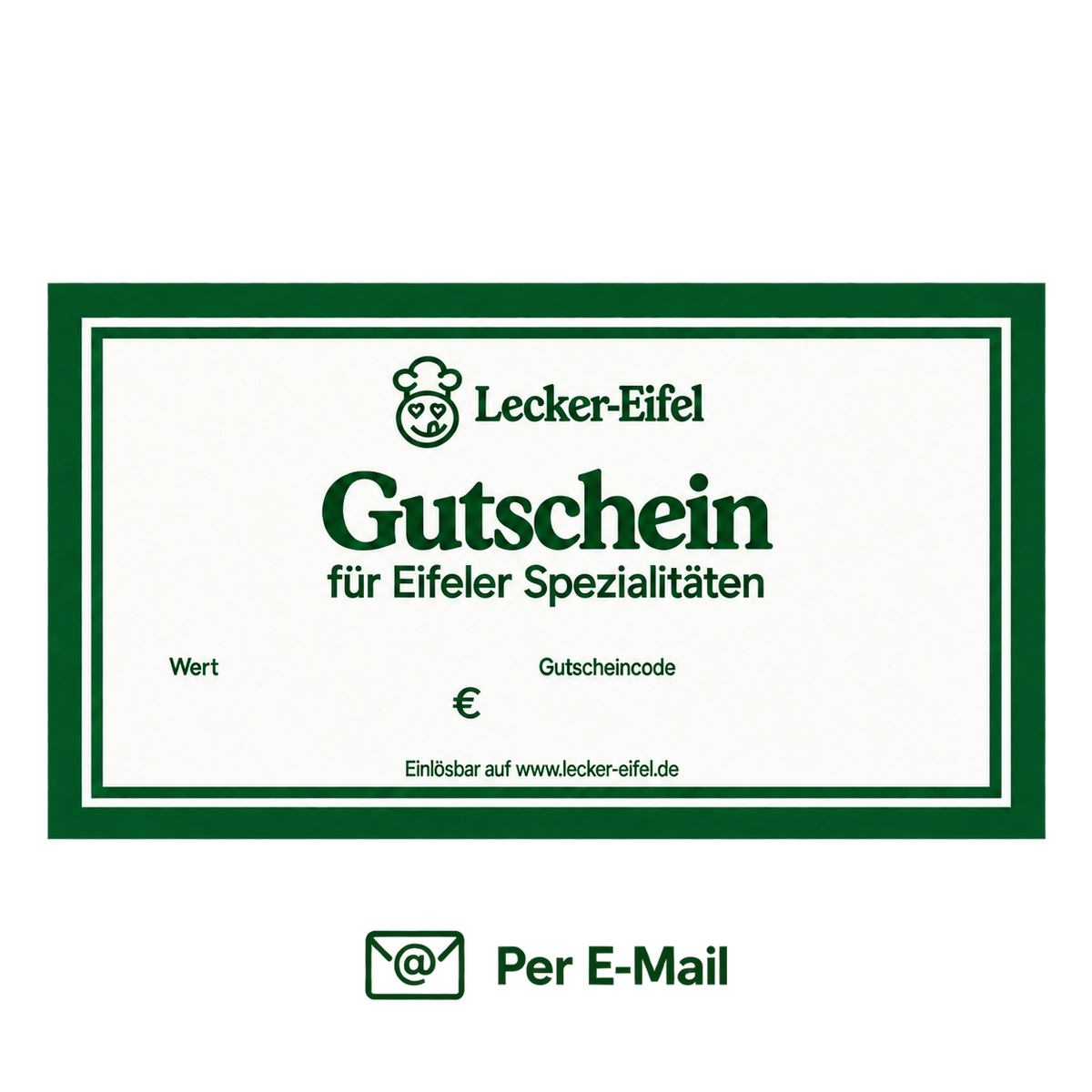 Lecker-Eifel Gutschein mit grünem Rahmen und E-Mail-Symbol, gekennzeichnet mit „Per E-Mail“
