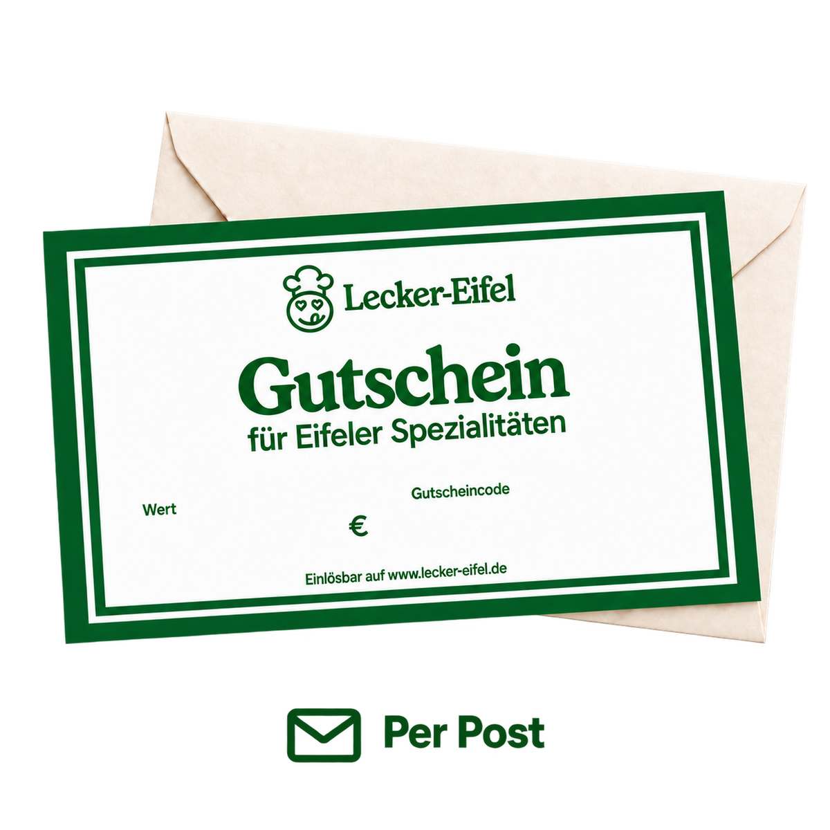 Gedruckter Lecker-Eifel Gutschein mit grünem Rahmen und cremefarbenem Umschlag, gekennzeichnet mit „Per Post“