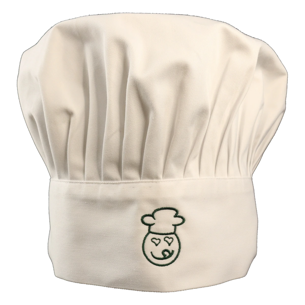 Weiße Kochmütze mit grün gesticktem Lecker-Eifel-Logo