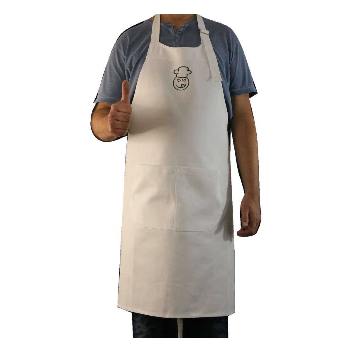 Weiße Kochschürze mit grün gesticktem Lecker-Eifel-Logo, getragen über einem blauen Shirt