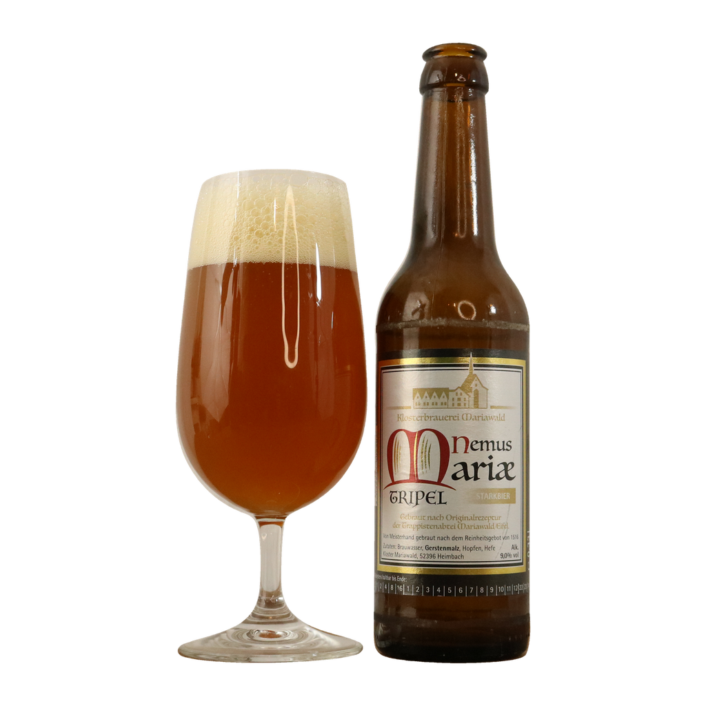 Nemus Mariae Tripel Starkbier, 0,33-l-Flasche neben einem gefüllten Bierglas