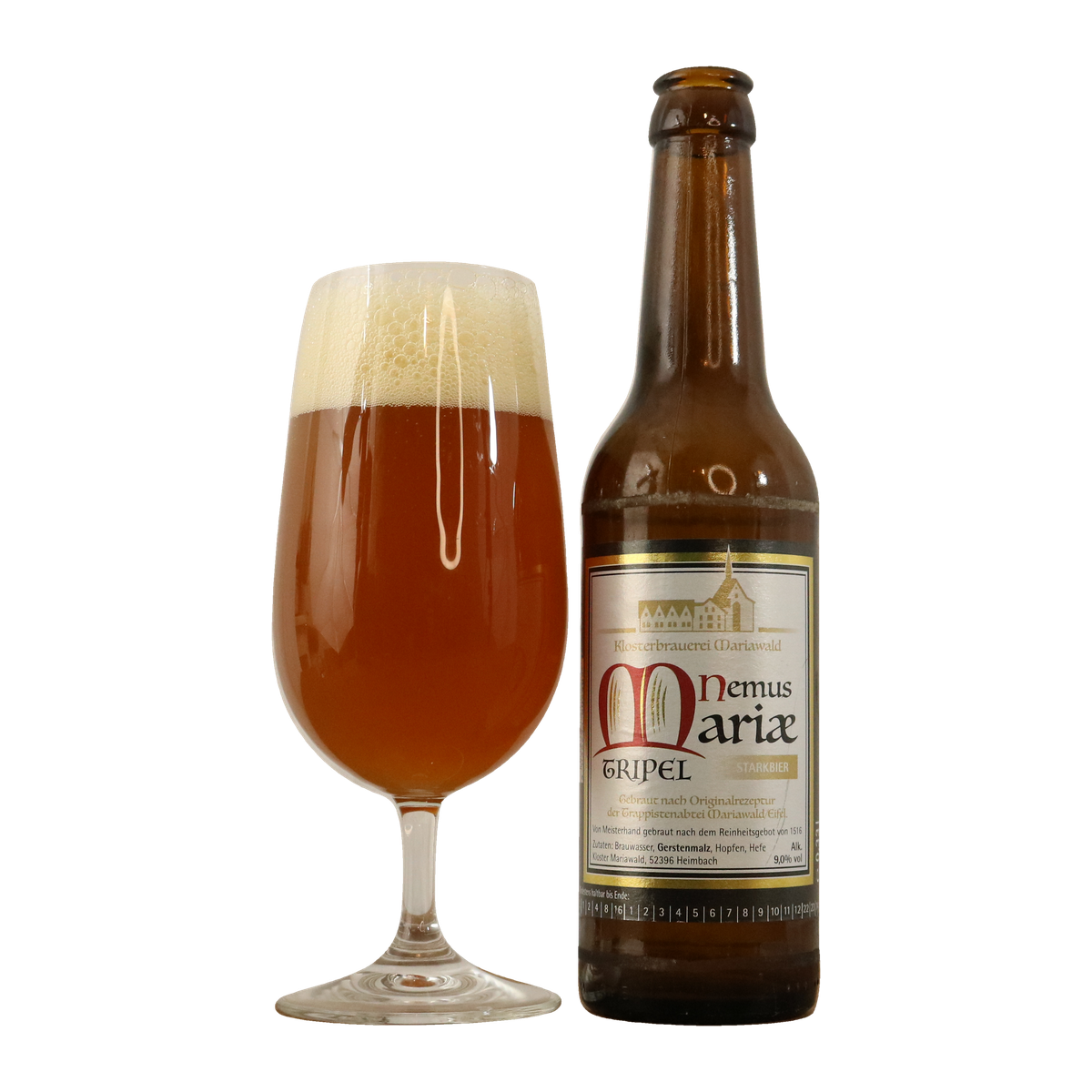 Nemus Mariae Tripel Starkbier, 0,33-l-Flasche neben einem gefüllten Bierglas