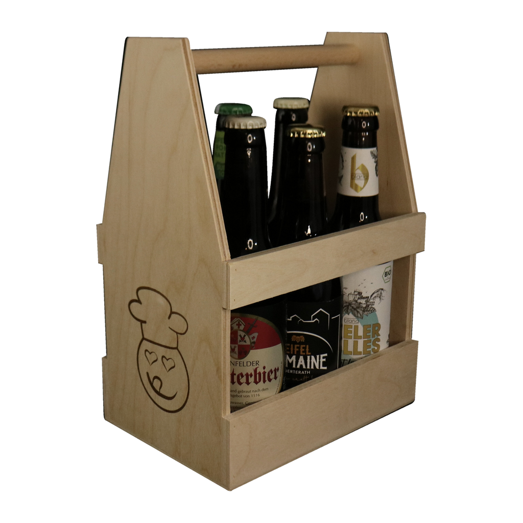 ProBier-Set mit sechs Eifelbieren à 0,33 l im Holzträger mit Lecker-Eifel-Logo, beispielhafte Zusammenstellung