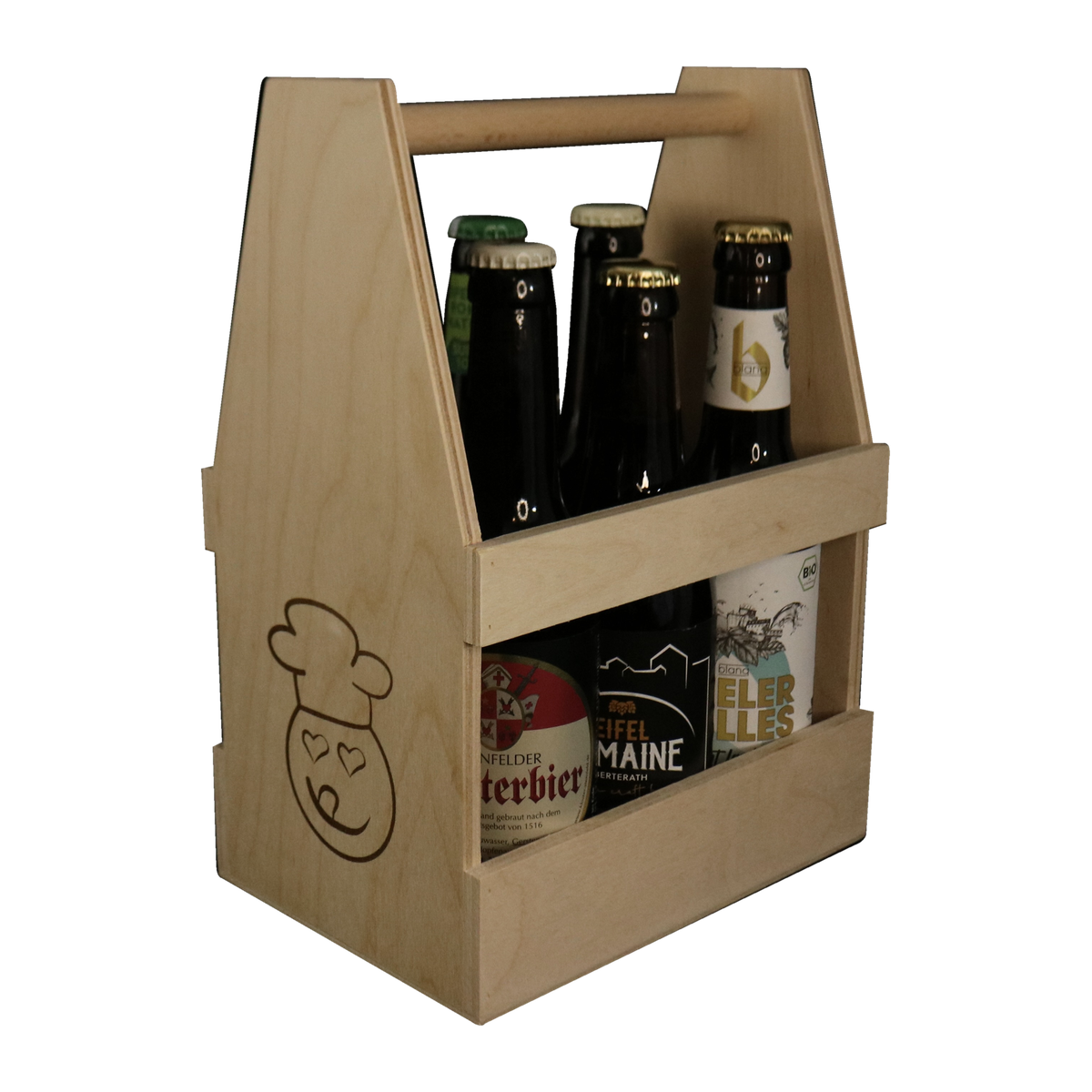 ProBier-Set mit sechs Eifelbieren à 0,33 l im Holzträger mit Lecker-Eifel-Logo, beispielhafte Zusammenstellung