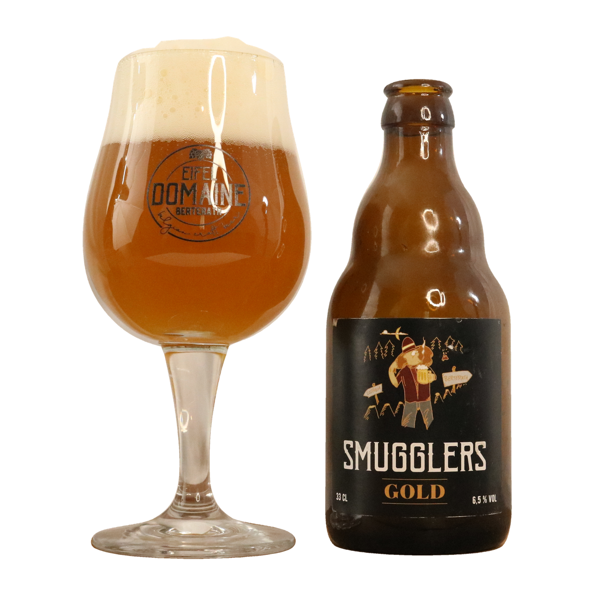 Smugglers Gold Bier von Eifel Domaine, 0,33-l-Flasche neben einem gefüllten Bierglas