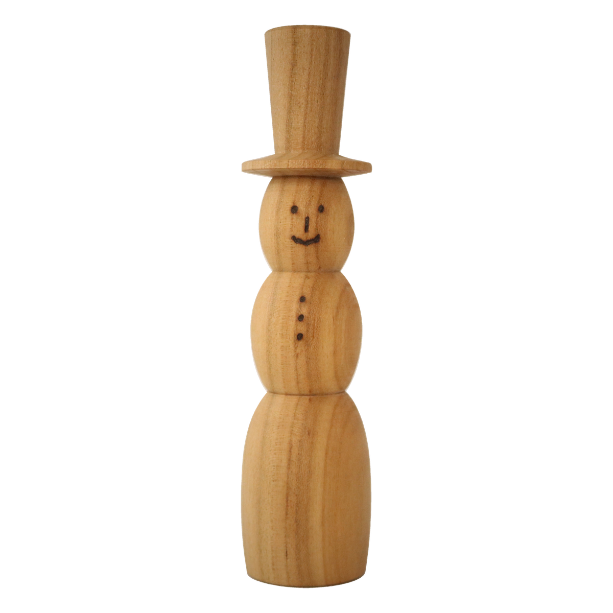 Handgedrechselter Schneemann aus Kirschholz von TwinWood mit hohem Hut und aufgemaltem Gesicht
