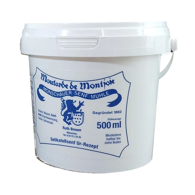 Monschauer Ur-Senf im 500-ml-Nachfülleimer mit blauem Etikett