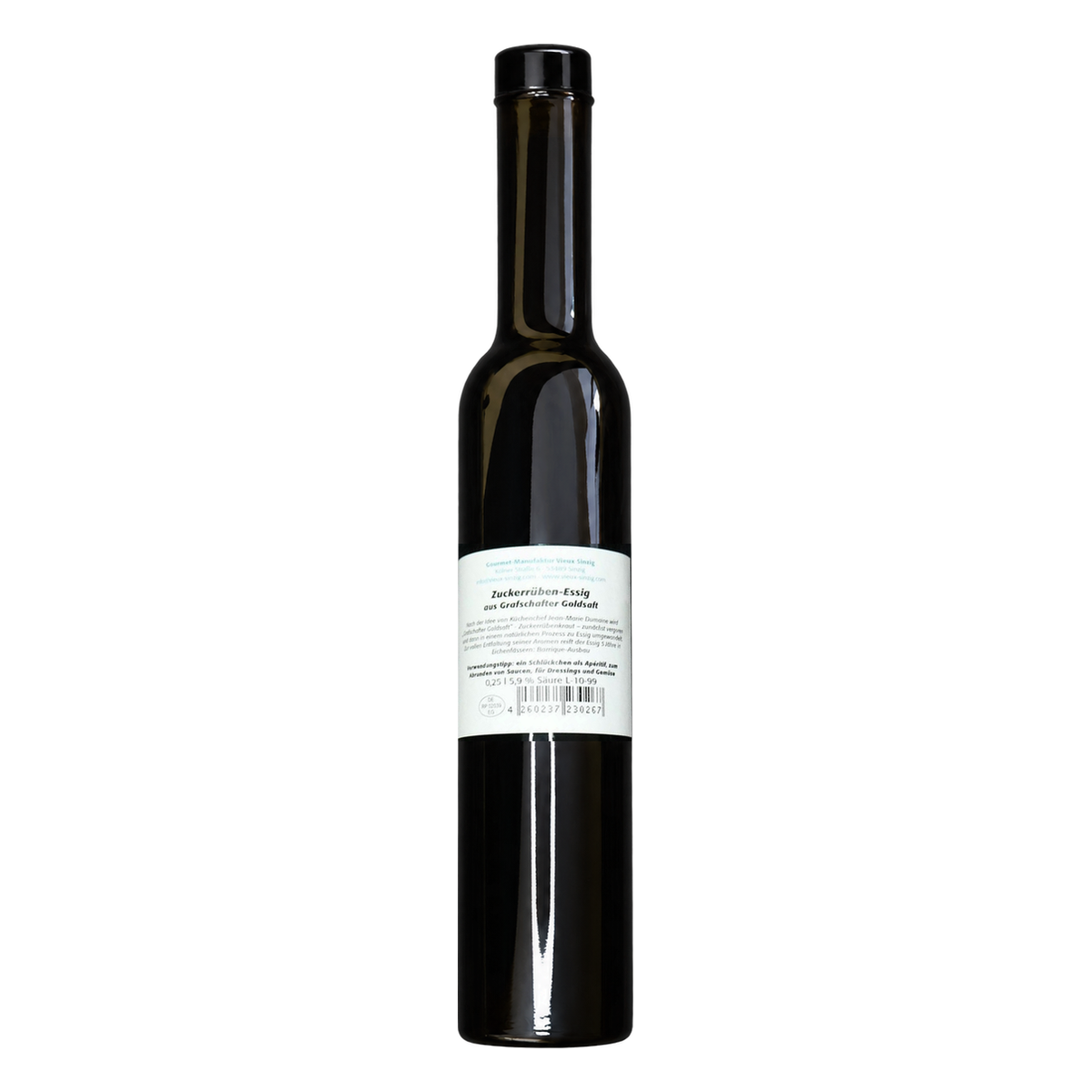 Zuckerrüben-Essig Barrique von Vieux Sinzig, 250-ml-Flasche mit schwarzem Deckel und weißem Etikett